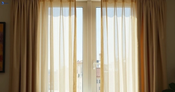 Dusty and dull curtains in grange before steam cleaning